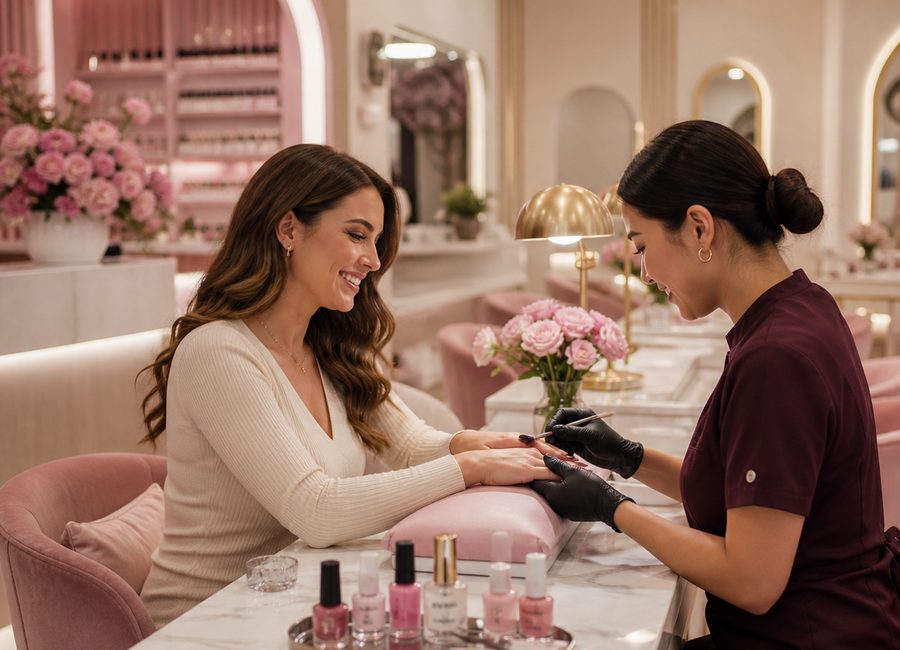 Luxury nail salon interior with elegant chairs and lighting